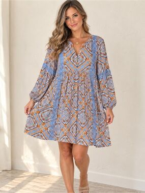 Crown & Ivy Blue Orange Medallion Flowy Mini Dress Boho Coastal Resort Crochet